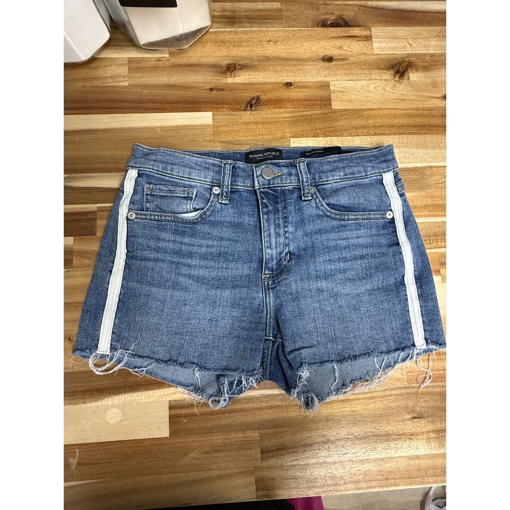 Banana Republic Size 26 Denim Shorts Mid Rise 3" Frayed Hem Side Stripe